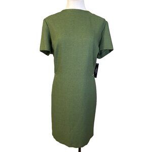 Tahari Dress 18 Green Mock Neck Gold Zipper Trim Short Sleeve Career Church NEW